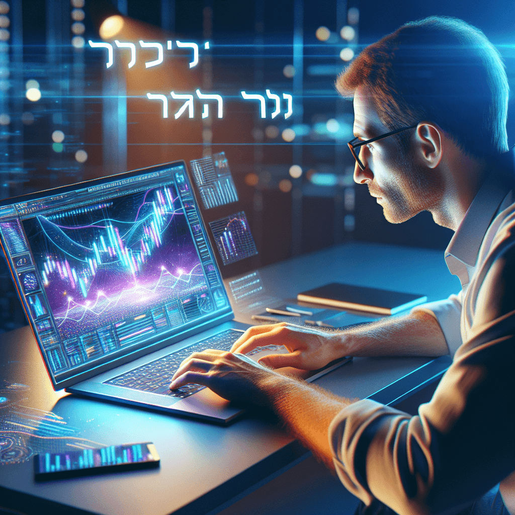מחשב נייד עם גרפים ונתונים על המסך, שולחן מואר.